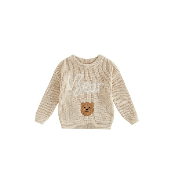 Suealasg Toddler Baby Girl Boy Knit Sweater Round Neck Long Sleeve Letter Bear Embroidery Knitwear Pullover Sweatshirt Fall Winter Clothes
