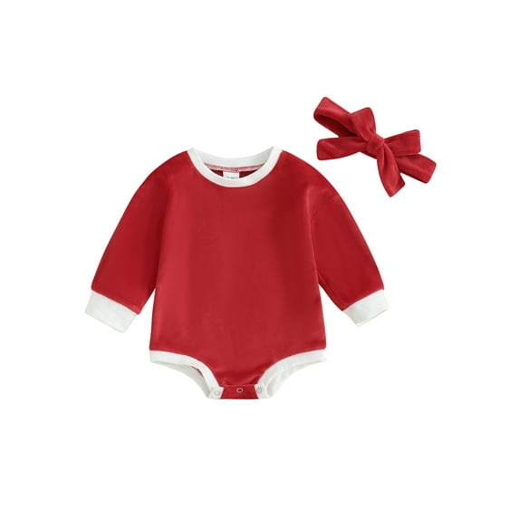 Suealasg Toddler Baby Girl Christmas Romper Long Sleeve Round Neck Red Bodysuit 3M 6M 12M 18M Newborn Girl One Piece Jumpsuits