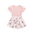 thumbnail image 1 of Suealasg Toddler Baby Girl Clothes Set Mesh Short Sleeve Round Neck Ribbed Tops + Floral Checkerboard Print Skirt Set 1T 2T 3T 4T 5T 6T Little Girls Summer 2Pcs Outfits, 1 of 7
