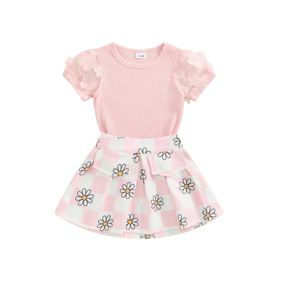 Suealasg Toddler Baby Girl Clothes Set Mesh Short Sleeve Round Neck Ribbed Tops + Floral Checkerboard Print Skirt Set 1T 2T 3T 4T 5T 6T Little Girls Summer 2Pcs Outfits