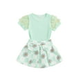 thumbnail image 1 of Suealasg Toddler Baby Girl Clothes Set Mesh Short Sleeve Round Neck Ribbed Tops + Floral Checkerboard Print Skirt Set 1T 2T 3T 4T 5T 6T Little Girls Summer 2Pcs Outfits, 1 of 7