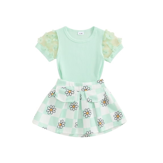 Suealasg Toddler Baby Girl Clothes Set Mesh Short Sleeve Round Neck Ribbed Tops + Floral Checkerboard Print Skirt Set 1T 2T 3T 4T 5T 6T Little Girls Summer 2Pcs Outfits