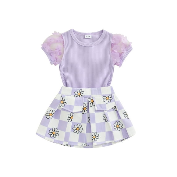 Suealasg Toddler Baby Girl Clothes Set Mesh Short Sleeve Round Neck Ribbed Tops + Floral Checkerboard Print Skirt Set 1T 2T 3T 4T 5T 6T Little Girls Summer 2Pcs Outfits