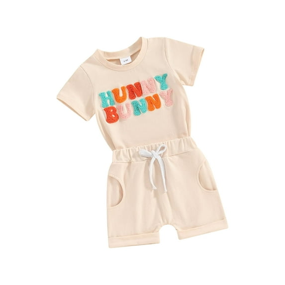Suealasg Toddler Baby Girl Easter Outfit Short Sleeve Letter Embroidery Tops Solid Color Shorts Sets 2Pcs Newborn Girl Summer Clothes