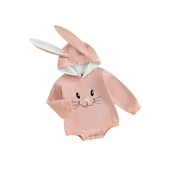 Suealasg Toddler Baby Girl Easter Romper Clothes 3M 6M 12M 18M 24M Long Sleeve Rabbit Print Bunny Ears Hooded Bodysuit Newborn Spring Easter Animal Jumpsuits