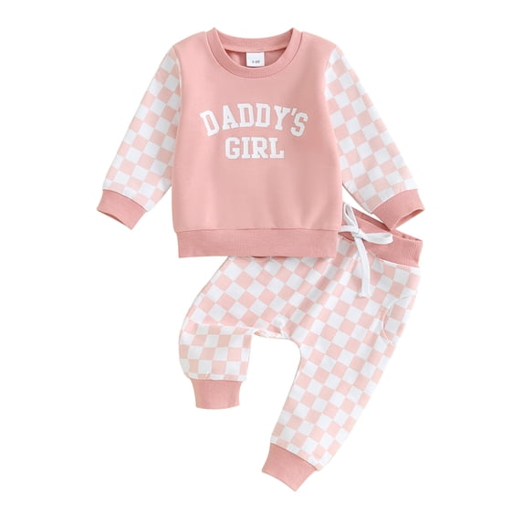 Suealasg Toddler Baby Girl Fall Tracksuit Outfits Clothes 6M 1T 2T 3T Kids Girl Long Sleeve Letter Sweatshirt + Checkerboard Pants Set 2PCS Casual Autumn Clothing for Children Girl