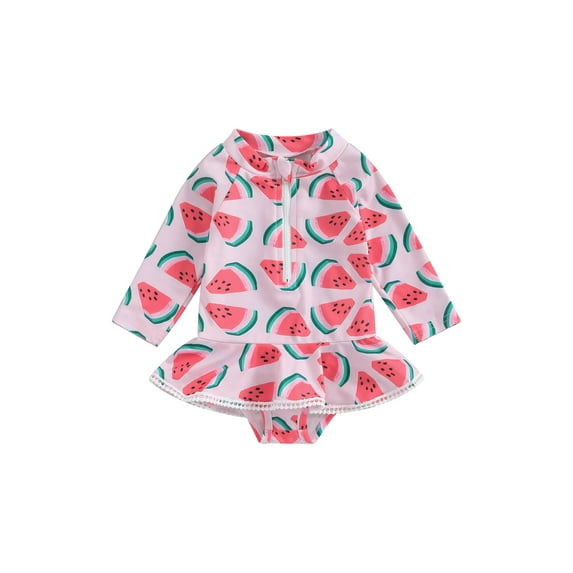 Suealasg Toddler Baby Girl One-Piece Swimsuit Long Sleeve Watermelon Print Zipper Rashguard Swimwear 1T 2T 3T 4T 5T 6T Kid Girls Bathing Suit