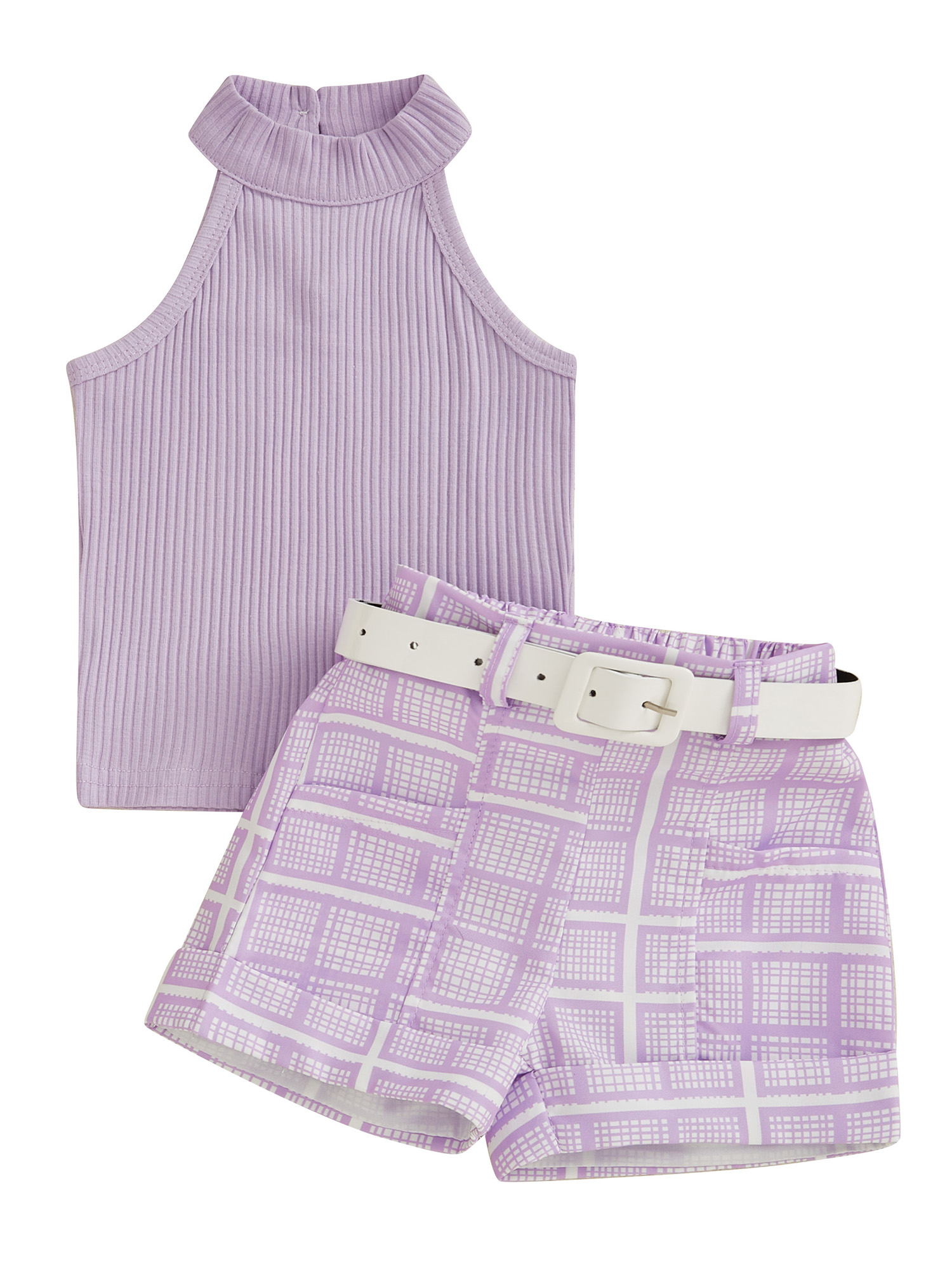 Suealasg Toddler Baby Girl Shorts Set Ribbed Halter Tank Tops + Plaid/Daisy Pattern Belted Shorts 1T 2T 3T 4T Kids Summer Casual Clothes