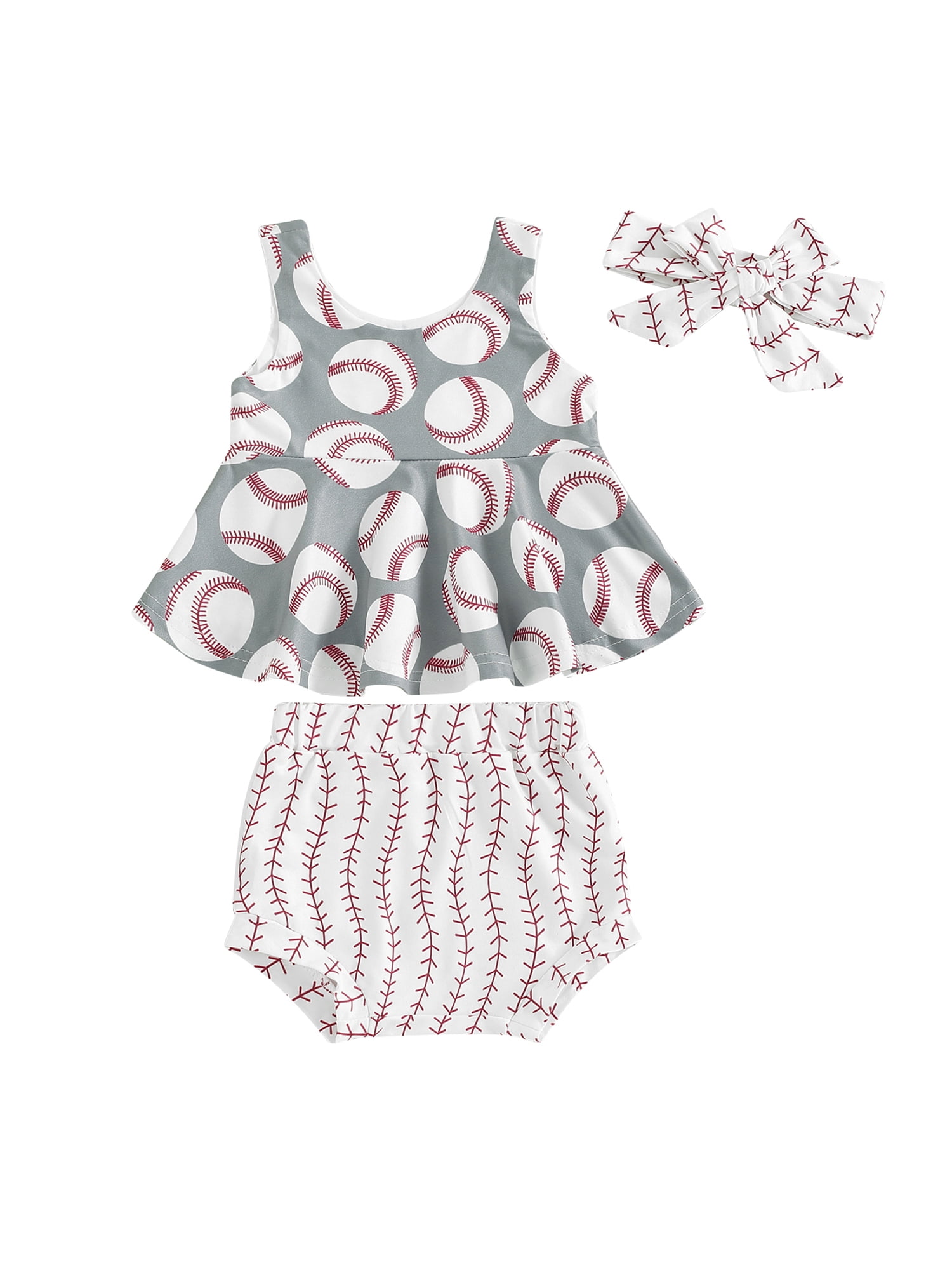 Suealasg Toddler Baby Girl Summer Outfit Set 3Pcs Baseball Fruit Print Round Neck Sleeveless Tank Tops Shorts Headband 6M 12M 18M 24M 3T Infant Summer Clothes for Girls