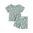 thumbnail image 1 of Suealasg Toddler Baby Girl Summer Outfits Bow Pattern Ruffled Trim Crew Neck Short Sleeve T-Shirt with Shorts 2 Pcs Set, 1 of 9