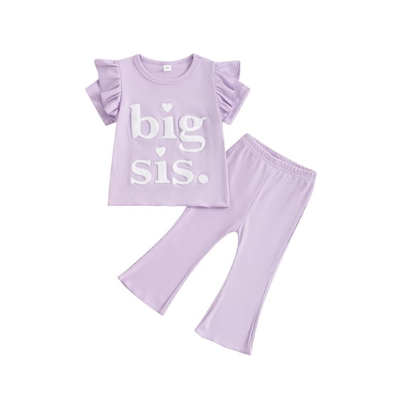 Suealasg Toddler Baby Girl Summer Outfits Short Sleeve Letter Embroidery T-Shirt and Elastic Flare Pants 6M 1T 2T 3T 4T Kids Girls Cute 2Pcs Clothes