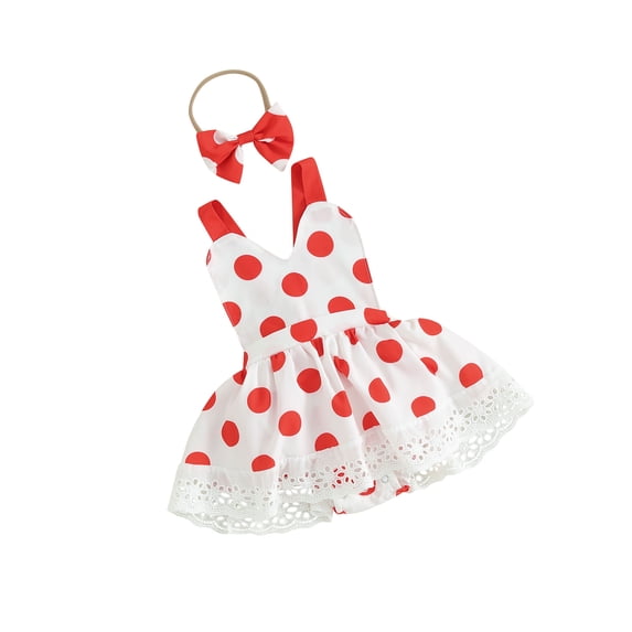 Suealasg Toddler Baby Girl Valentine's Day Outfits 6M 12M 18M 24M Sleeveless Lace Trim Dot Print Romper +Headband Set 2pcs Infant Girl Summer Clothes