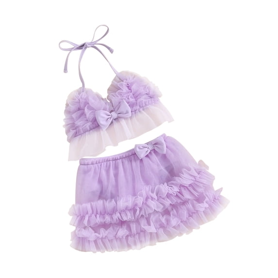 Suealasg Toddler Baby Girls 2 Piece Bikinis Swimsuits Newborn Girls Sleeveless Tulle Camisole Tops + PP Shorts Infant Girls Swimwear Bathing Suits Beachwear