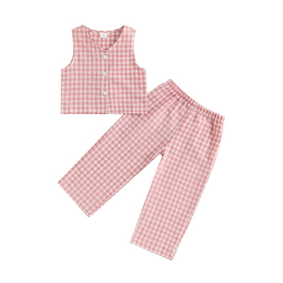 Suealasg Toddler Baby Girls 2 Piece Summer Outfits Clothes 1T 2T 3T 4T 5T Little Girls Plaid Print Button Tank Tops and Wide Leg Pants Set