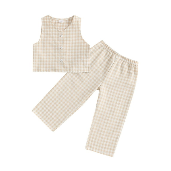 Suealasg Toddler Baby Girls 2 Piece Summer Outfits Clothes 1T 2T 3T 4T 5T Little Girls Plaid Print Button Tank Tops and Wide Leg Pants Set