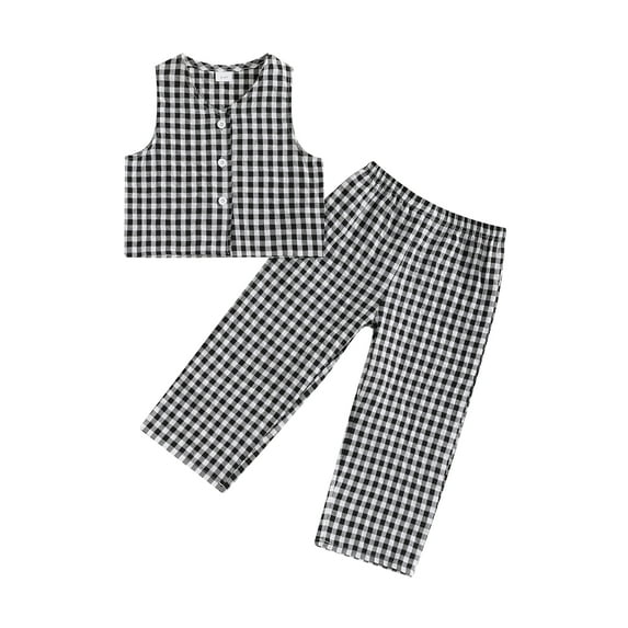 Suealasg Toddler Baby Girls 2 Piece Summer Outfits Clothes 1T 2T 3T 4T 5T Little Girls Plaid Print Button Tank Tops and Wide Leg Pants Set