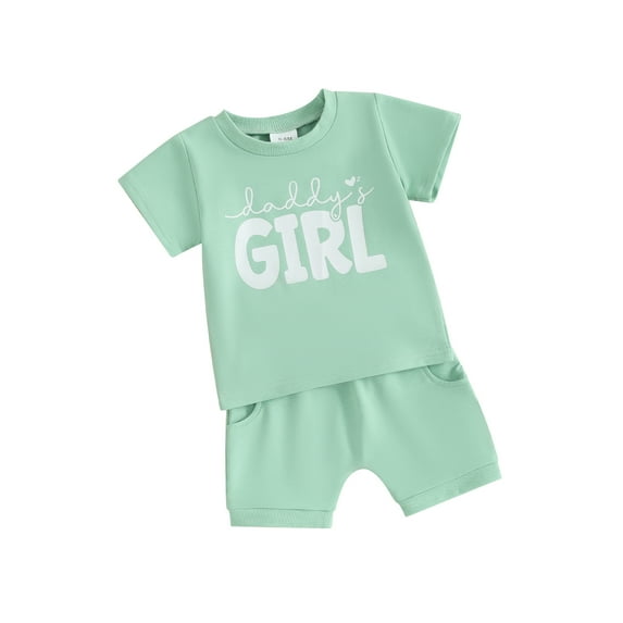 Suealasg Toddler Baby Girls 2Pcs Summer Outfits 6M 1T 2T 3T Kids Girls Beach Clothes Set Short Sleeve Letter Print T-Shirt Tops Elastic Waist Shorts Set 0-3 Years
