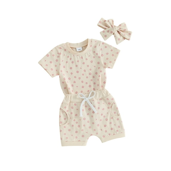 Suealasg Toddler Baby Girls 3Pcs Shorts Sets 6M 1T 2T 3T Kids Girls Summer Casual Clothes Short Sleeve Floral Print T-shirt Tops+ Elastic Waist Shorts +Hairband