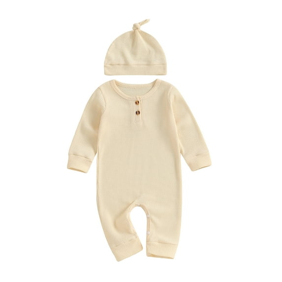 Suealasg Toddler Baby Girls Boys Ribbed Romper Solid Color Long Sleeve Crewneck Button Jumpsuit with Hat 3M 6M 9M 12M 18M 24M Newborn Cute Bodysuits Clothes