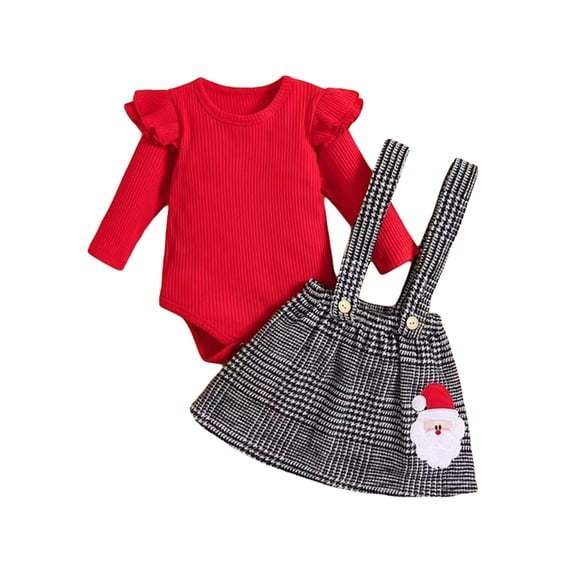 Suealasg Toddler Baby Girls Christmas Skirt Set 3M 6M 12M 18M Solid Color Rib Knit Rompers Santa Embroidery Houndstooth Suspender Skirts 2 Piece Casual Autumn Clothing for Infant Girls