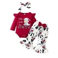 thumbnail image 1 of Suealasg Toddler Baby Girls Fall Outfit 3M 6M 9M 12M 18M Infant Long Sleeve Letters Print Romper +Cow Print Flare Pants +Headband 3PCS Spring Western Clothing Set, 1 of 9