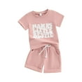 thumbnail image 1 of Suealasg Toddler Baby Girls Outfits Letter Print Short Sleeve T-Shirt with Elastic Waist Shorts Sets 2Pcs Kids Summer Clothes Set, 1 of 9