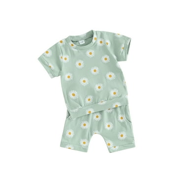 Suealasg Toddler Baby Girls Outfits Short Sleeve Daisy Print Tops Drawstring Shorts Sets 2Pcs Kids Summer Clothes Set
