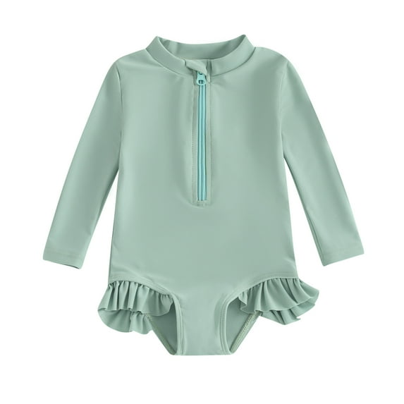 Suealasg Toddler Baby Girls Summer One Piece Swimsuits Long Sleeve Zipper Rash Guard Swimwear Infant Kids Girls Romper Bathing Suit