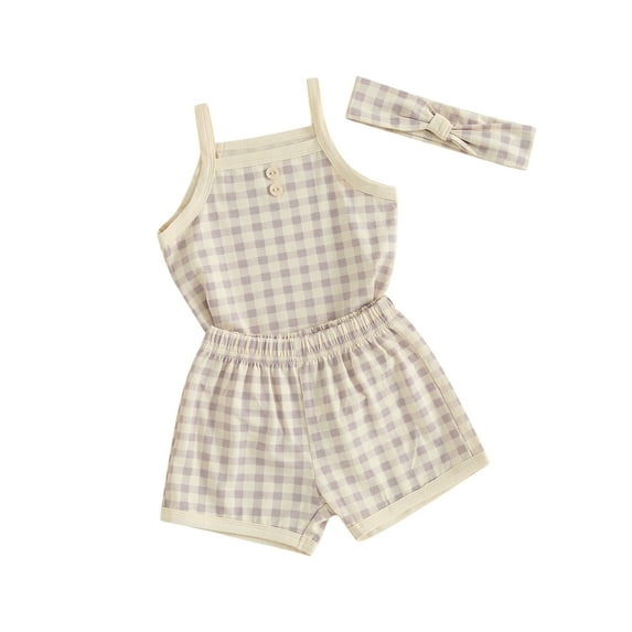 Suealasg Toddler Baby Girls Summer Outfits Clothes 3M 6M 12M 18M 24M Infant Girls Plaid Print Camisole Tops Elastic Shorts Headband Set 3Pcs Causal Clothing for Newborn Girls