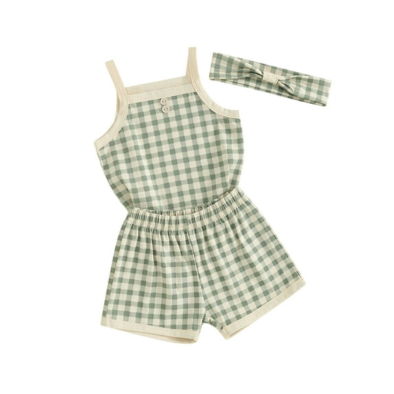 Suealasg Toddler Baby Girls Summer Outfits Clothes 3M 6M 12M 18M 24M Infant Girls Plaid Print Camisole Tops Elastic Shorts Headband Set 3Pcs Causal Clothing for Newborn Girls
