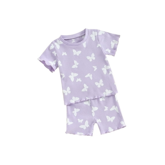 Suealasg Toddler Baby Girls Summer Outfits Floral Butterfly Print Short Sleeve T-Shirts Tops and Shorts 2Pcs Kids Girls Hawaii Beach Clothes Set