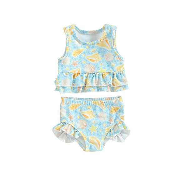 Suealasg Toddler Baby Girls Swimsuits 2 Piece Tankinis Set Starfish Print Ruffle Tops + High Waist Shorts 3M 6M 12M 18M 24M 3T Kids Swimwear Bathing Suit Beachwear