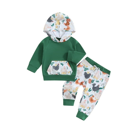Suealasg Toddler Boy Fall Outfits Set 1T 2T 3T Long Sleeve Contrast Color Hoodie Sweatshirt +Chicken/Horse Print Long Pants 2Pcs Casual Autumn Clothes for Infant Baby Boy