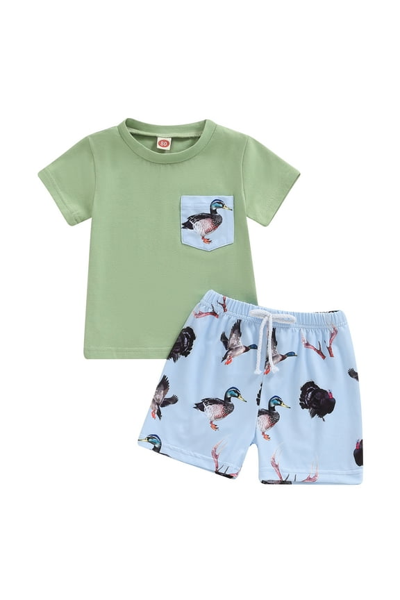 Toddler Boy Farm Outfit Duck Print Short Sleeves Round Neck Tops +Elastic Waist Shorts 6M 1T 2T 3T 4T Kids Baby Boys Summer 2Pcs Clothes