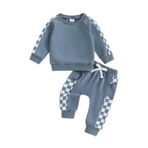 Suealasg Toddler Boy Girl Fall Outfits 6M 12M 18M 2T 3T 4T Infant Baby Long Sleeve Crew Neck Checkerboard Print Sweatshirt  Sweatpants 2Pcs Tracksuit Clothes Set