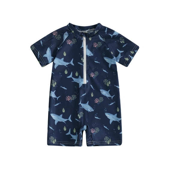 Suealasg Toddler Boy Girl Swimsuit Shark Print Short Sleeve Mock Neck Zip Up Rash Guard Bathing Suit