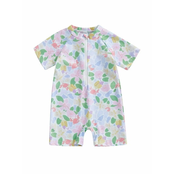 Suealasg Toddler Boy Girl Swimsuit Shark Print Short Sleeve Mock Neck Zip Up Rash Guard Bathing Suit