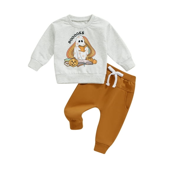 Suealasg Toddler Boy Halloween Outfits Set Clothes 6M 1T 2T 3T Long Sleeve Ghost Print Sweatshirt+Long Pants 2Pcs Halloween-themed Clothing for Baby Boy