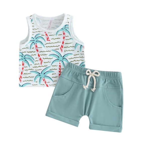 Suealasg Toddler Boy Summer Clothes Set 6M 1T 2T 3T Kids Sleeveless Tropical Tree Print Tank Tops and Solid Color Shorts Sets 2Pcs Beach Causal Clothing for Baby Boys