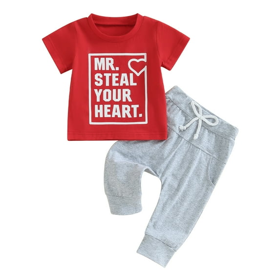 Suealasg Toddler Boy Valentine's Day Clothes 6M 1T 2T 3T Baby Boy Short Sleeve Letter Heart Print T-Shirt Elastic Pants Sets 2 Piece Kids Boy Cute Summer Outfits