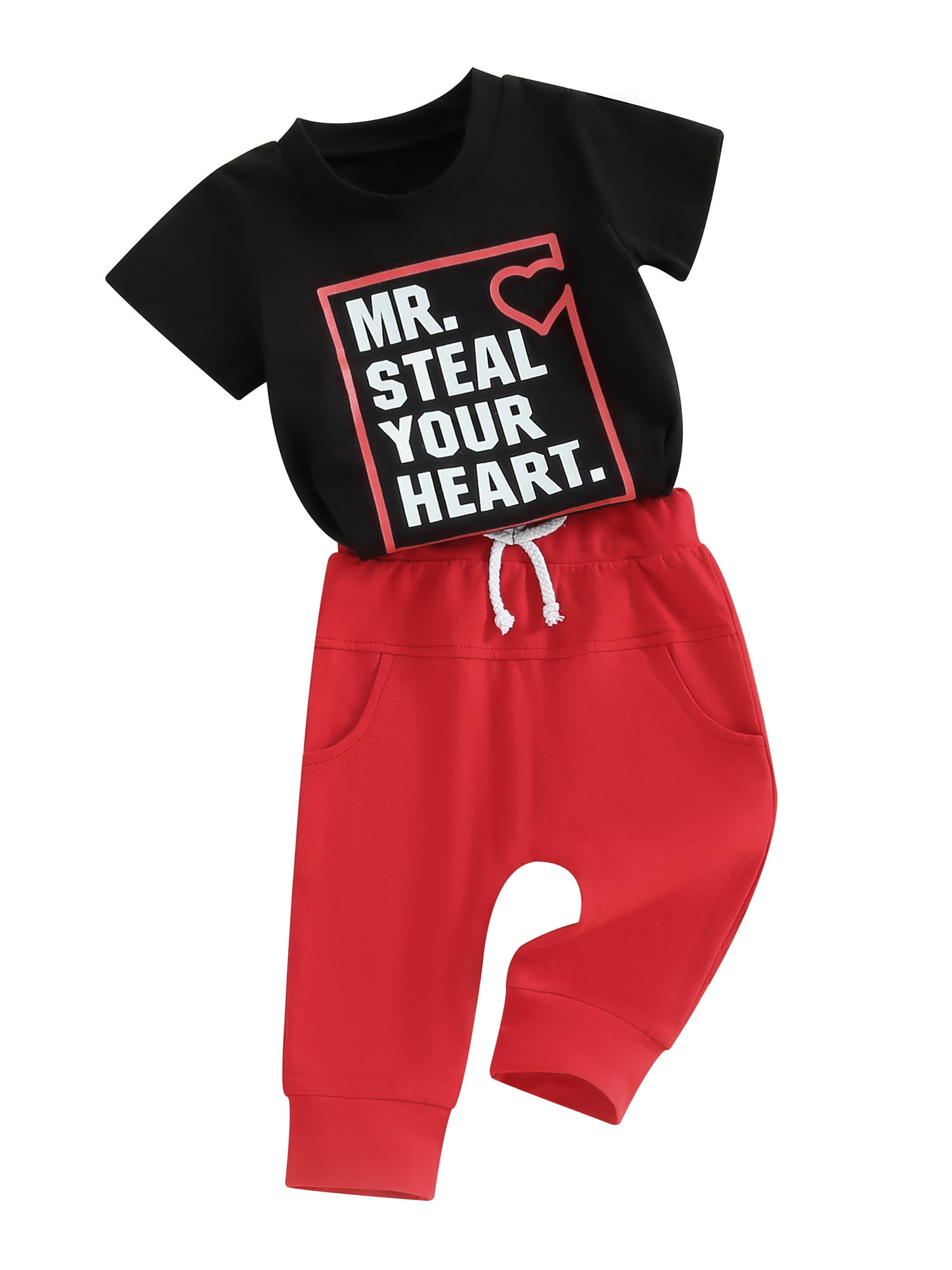 Suealasg Toddler Boy Valentine's Day Clothes 6M 1T 2T 3T Baby Boy Short Sleeve Letter Heart Print T-Shirt Elastic Pants Sets 2 Piece Kids Boy Cute Summer Outfits