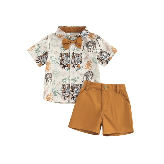 Suealasg Toddler Boys 3Pcs Summer Outfits Short Sleeve Leaves Deer Tiger Print Shirt with Bow Tie + Elastic Waist Shorts 0-4 Years Kids Baby Boys Beach Vacation Clothes