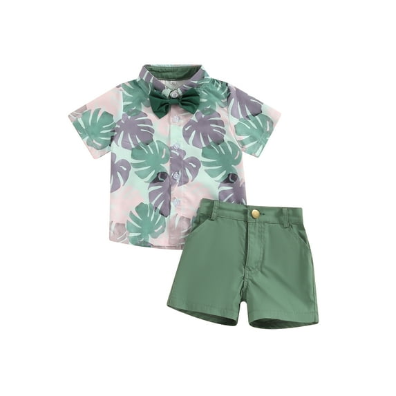 Suealasg Toddler Boys 3Pcs Summer Outfits Short Sleeve Leaves Deer Tiger Print Shirt with Bow Tie + Elastic Waist Shorts 0-4 Years Kids Baby Boys Beach Vacation Clothes