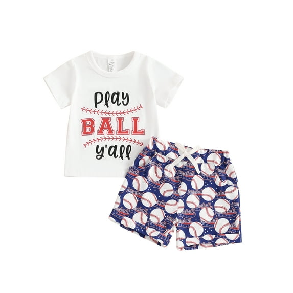 Suealasg Toddler Boys Baseball Outfits 3M 6M 1T 2T 3T 4T Letter Print Round Neck Short Sleeve Tops and Elastic Waist Shorts 2Pcs Baby Summer Casual Clothes Set