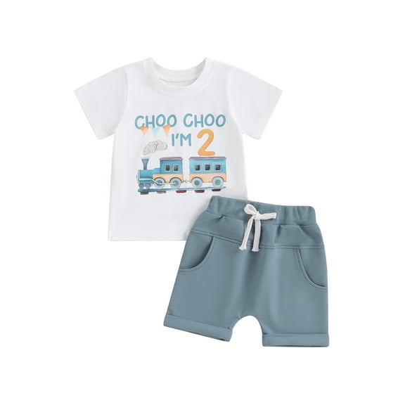 Suealasg Toddler Boys Birthday Outfit 1T 2T 3T 4T Train Letter Print Short Sleeve T-Shirt  Solid Color Shorts Kids Baby Boys Summer 2Pcs Clothes Set
