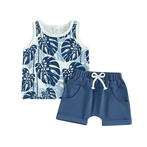 Suealasg Toddler Boys Clothes 6M 1T 2T 3T Sleeveless Sea Tree Print Tank Tops + Elastic Waist Shorts Set 2Pcs Causal Summer Beach Outfits for Baby Boys
