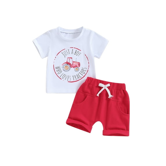 Suealasg Toddler Boys Clothes Letter Farm Tractor Print Short Sleeve T-Shirts Tops Elastic Waist Shorts 2Pcs Baby Boy Summer Farm Outfits Set