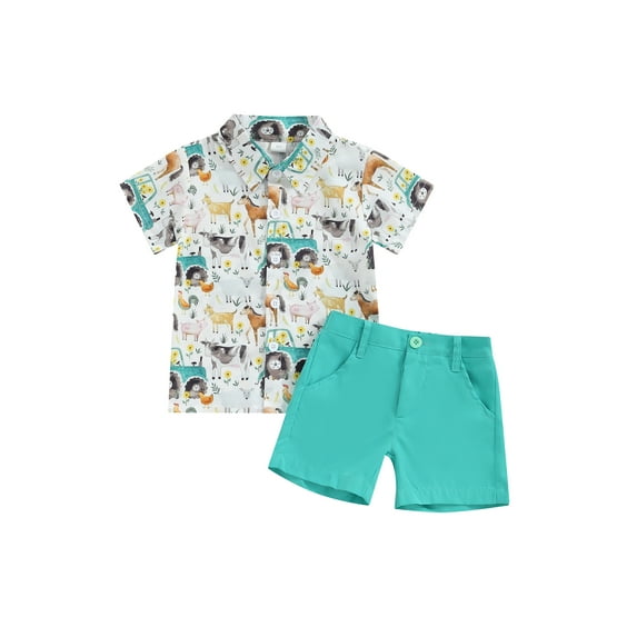 Suealasg Toddler Boys Farm Clothes 6M 1T 2T 3T Short Sleeve Animal Print T-Shirts Tops + Elastic Waist Shorts Set Infant Baby Boys Summer 2Pcs Outfits