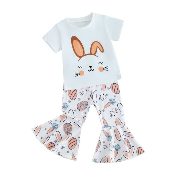 Suealasg Toddler Boys Girl Easter Outfits 2Pcs Baby Girl Clothes Set Short Sleeve Rabbit Print Tops Carrot Print Flare Pants 6M 1T 2T 3T 4T Kids Summer Clothing