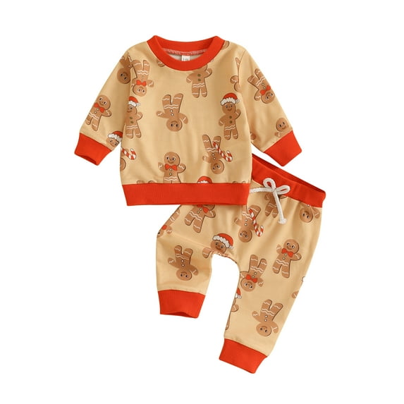 Suealasg Toddler Boys Girls 2Pcs Fall Outfits Long Sleeve Crew Neck Gingerbread Man Print Sweatshirt Sweatpants 6M 1T 2T 3T Infant Baby Boys Girls Christmas Clothes